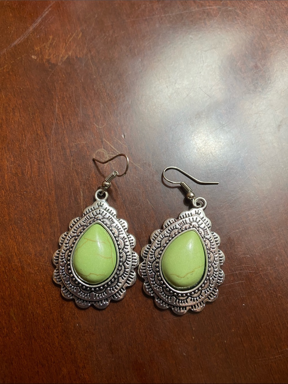 Green Teardrop Stone Silver-Tone Dangle Earrings